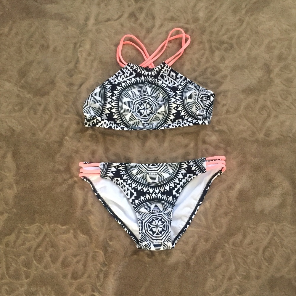 NWT Tribal Bikini. Black on White & Coral Straps